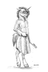 Size: 1100x1649 | Tagged: safe, artist:baron engel, sunburst, anthro, unguligrade anthro, g4, brush, clothes, floppy ears, glasses, grayscale, looking at you, male, monochrome, naked towel, partial nudity, pencil drawing, simple background, sketch, solo, stallion, topless, towel, traditional art, white background