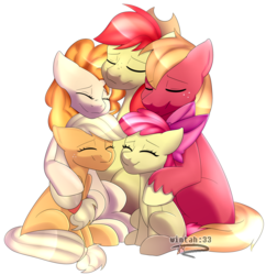 Size: 2500x2579 | Tagged: safe, artist:wintah33, apple bloom, applejack, big macintosh, bright mac, pear butter, earth pony, pony, g4, season 7, the perfect pear, apple family, apple siblings, apple sisters, applejack's parents, brother and sister, eyes closed, female, filly, foal, freckles, high res, hug, male, mare, ship:brightbutter, shipping, siblings, simple background, sisters, smiling, stallion, straight, the whole apple family, transparent background, unshorn fetlocks