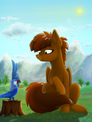 Size: 1500x2000 | Tagged: safe, artist:o0o-bittersweet-o0o, oc, oc only, oc:cocoa drizzle, bird, macaw, parrot, pegasus, pony, spix's macaw, commission, grass, male, mountain, sitting, smiling, stallion, sun, ych result