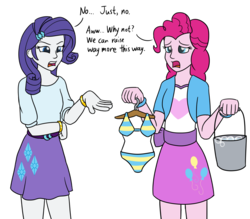 Size: 1280x1120 | Tagged: safe, artist:mkogwheel, pinkie pie, rarity, equestria girls, equestria girls specials, g4, my little pony equestria girls: dance magic, belt, bikini, bracelet, car wash, clothes, clothes hanger, disgusted, duo, female, frown, hairclip, jacket, jewelry, open mouth, shirt, simple background, skirt, striped swimsuit, swimsuit, white background
