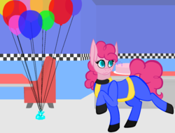 Size: 1344x1018 | Tagged: safe, artist:ahaintthatbad, pinkie pie, earth pony, pony, fallout equestria, g4, balloon, cake, clothes, crossover, fallout, fanfic, fanfic art, female, food, hooves, jumpsuit, mare, ministry mares, solo, stable (vault), vault, vault suit