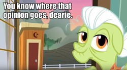 Size: 799x440 | Tagged: safe, edit, edited screencap, screencap, granny smith, earth pony, pony, g4, the perfect pear, bust, female, forum weapon, into the trash it goes, looking at you, opinion, opinion discarded, opinions on the internet, outhouse, portrait, smiling, solo