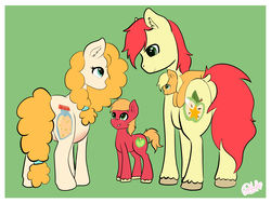 Size: 3000x2250 | Tagged: safe, artist:otpl, applejack, big macintosh, bright mac, pear butter, earth pony, pony, g4, the perfect pear, cutie mark, dock, ear fluff, female, foal, green background, high res, imminent apple bloom, looking at each other, male, pregnant, pregnant pear butter, ship:brightbutter, shipping, simple background, smiling, straight
