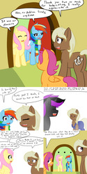 Size: 1600x3200 | Tagged: safe, artist:jake heritagu, fluttershy, rainbow dash, scootaloo, oc, oc:sandy hooves, oc:warden, pony, ask pregnant scootaloo, g4, blushing, clothes, comic, female, fluttershy's cottage, lesbian, pregnant, pregnant scootaloo, scarf, ship:flutterdash, shipping