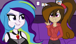 Size: 1024x593 | Tagged: dead source, safe, artist:wubcakeva, oc, oc only, oc:cupcake slash, oc:muse, equestria girls, g4, breasts, cleavage, clothes, couch, eyeshadow, gem, hoodie, makeup, siren gem, waving