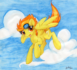 Size: 847x762 | Tagged: safe, artist:jenkiwi, spitfire, pegasus, pony, g4, cloud, female, flying, goggles, looking at you, mare, sky, solo, traditional art