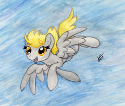 Size: 846x715 | Tagged: safe, artist:jenkiwi, derpy hooves, pegasus, pony, g4, female, flying, mare, sky, smiling, solo, traditional art