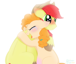 Size: 4960x4168 | Tagged: safe, artist:glitterstar2000, bright mac, pear butter, earth pony, pony, g4, the perfect pear, absurd resolution, blushing, cowboy hat, crying, female, hat, male, mare, pregnant, pregnant pear butter, ship:brightbutter, shipping, simple background, stallion, stetson, straight, tears of joy, white background