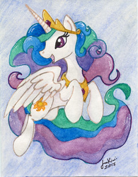 Size: 578x740 | Tagged: safe, artist:jenkiwi, princess celestia, alicorn, pony, g4, crown, female, flying, jewelry, mare, regalia, sky, smiling, solo, traditional art, watercolor painting