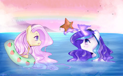 Size: 1700x1045 | Tagged: safe, artist:clefficia, oc, oc only, oc:strawberry, oc:windy cloud, pony, starfish, inner tube, magic, ocean, water