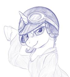 Size: 666x731 | Tagged: safe, artist:verulence, derpibooru exclusive, oc, oc only, oc:yodi, pony, unicorn, clothes, goggles, helmet, hoodie, looking at you, male, monochrome, simple background, solo, stallion, white background