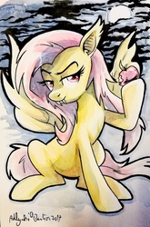 Size: 2184x3308 | Tagged: safe, artist:yulyeen, fluttershy, bat pony, pony, g4, female, flutterbat, high res, mare, race swap, solo, traditional art, watercolor painting