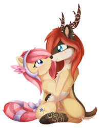 Size: 1024x1261 | Tagged: safe, artist:dusthiel, oc, oc only, oc:bloom flower, oc:thicket, crystal pony, deer, original species, pony, boop, bow, female, interspecies, male, noseboop, shipping, simple background, sitting, straight, tail bow, transparent background
