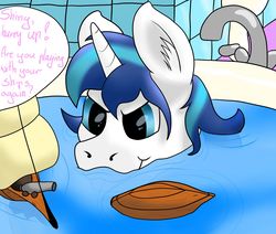 Size: 1500x1272 | Tagged: safe, artist:saxpony, shining armor, pony, unicorn, g4, bath, bathing, bathtub, implied princess cadance, male, offscreen character, playing, speech bubble, stallion, toy, toy ship