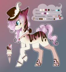 Size: 1190x1284 | Tagged: safe, artist:monogy, oc, oc only, oc:sundae surprise, earth pony, food pony, ice cream pony, original species, pony, colored pupils, female, fishnet stockings, food, gradient background, hat, ice cream, ice cream cone, mare, pirouette cookie, raised hoof, reference sheet, solo, waffle hooves