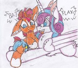 Size: 2488x2177 | Tagged: safe, artist:cuddlelamb, princess flurry heart, sunburst, pony, g4, age progression, age regression, age swap, baby, colt, colt sunburst, diaper, fetish, high res, male, role reversal, traditional art