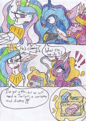 Size: 2466x3462 | Tagged: safe, artist:cuddlelamb, princess cadance, princess celestia, princess luna, twilight sparkle, alicorn, pony, g4, car battery, diaper, diaper package, high res, traditional art, twilight sparkle (alicorn)