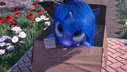 Size: 2560x1440 | Tagged: safe, artist:thelunagames, princess luna, pony, g4, 3d, :p, box, cinema 4d, cute, doorstep, female, filly, flower, looking at you, lunabetes, note, pony in a box, russian, solo, tongue out, translated in the comments, woona, younger