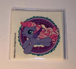 Size: 769x697 | Tagged: safe, photographer:kisscurl, starsong, pony, g3, g3.5, 2010, irl, merchandise, photo, solo, starry eyes, sticker, wingding eyes