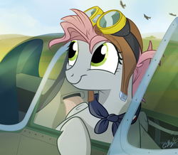 Size: 1280x1116 | Tagged: safe, artist:rutkotka, oc, oc only, oc:pliszka, pony, equestria at war mod, aviator hat, clothes, goggles, hat, plane, scarf, smiling, solo