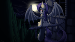 Size: 1920x1080 | Tagged: safe, artist:ohemo, fluttershy, bat pony, pony, g4, butt, female, flutterbat, flutterbutt, looking back, moon, mountain, night, plot, race swap, sitting, smiling, solo, stars, tower, tree