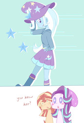 Size: 2370x3444 | Tagged: safe, artist:yuck, starlight glimmer, sunset shimmer, trixie, human, equestria girls, g4, blushing, clothes, female, high res, lesbian, open mouth, ship:startrix, shipping, simple background, smiling, text, trio