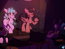 Size: 1500x1133 | Tagged: safe, artist:bbsartboutique, oc, oc only, oc:morning melody, oc:pepper spice, pegasus, pony, unicorn, blushing, comedy, digital art, drunk, eyes closed, faic, female, freckles, glowing horn, horn, karaoke, male, mare, music notes, signature, singing, spotlight, stallion, unamused
