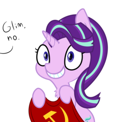 Size: 7000x7000 | Tagged: safe, artist:besttubahorse, artist:tjpones, starlight glimmer, pony, unicorn, g4, absurd resolution, chest fluff, communism, dialogue, evil smile, female, flag, grin, hammer and sickle, hoof hold, mare, offscreen character, s5 starlight, simple background, sitting, smiling, solo, squee, stalin glimmer, text, this will end in communism, transparent background, vector