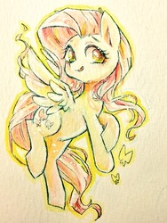 Size: 960x1280 | Tagged: safe, artist:sibashen, fluttershy, butterfly, pegasus, pony, g4, female, flying, looking at you, mare, simple background, solo, traditional art, watercolor painting