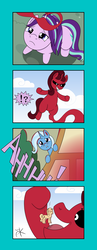 Size: 2714x7022 | Tagged: safe, artist:pony4koma, starlight glimmer, trixie, pony, all bottled up, g4, absurd resolution, anger magic, clone, comic, cookie, dragon ball, dragon ball z, evil grin, exclamation point, food, food transformation, grin, imminent vore, interrobang, magic, majin boo, question mark, reference, screaming, smiling, starkie glimmer, transformation