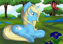 Size: 1280x899 | Tagged: safe, artist:melodis, oc, oc only, oc:momokochan, butterfly, pony, unicorn, blue eyes, lying down, tree