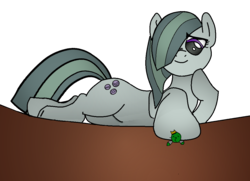 Size: 1072x778 | Tagged: safe, artist:mr square, marble pie, oc, oc:anon, earth pony, human, pony, g4, female, giant pony, hair over one eye, lying down, macro, mare, micro, simple background, size difference, smiling, white background