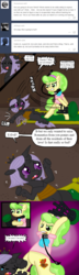 Size: 640x2234 | Tagged: safe, artist:ficficponyfic, chickadee, ms. peachbottom, oc, changeling, cyoa:peachbottom's quest, g4, changeling oc, collar, cyoa, jezzie belle, leash, purple changeling, tumblr