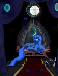 Size: 1220x1600 | Tagged: source needed, safe, artist:evil-spider, princess luna, alicorn, owl, pony, g4, female, looking at you, mare, missing accessory, night, prone, sitting, solo, throne