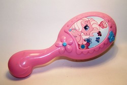 Size: 1889x1269 | Tagged: safe, photographer:kisscurl, pinkie pie (g3), pony, g3, g3.5, hairbrush, irl, merchandise, photo, solo