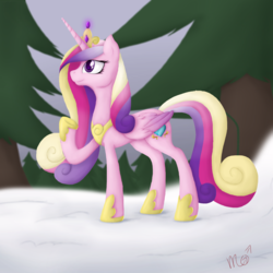 Size: 2500x2500 | Tagged: safe, artist:siekit442, princess cadance, alicorn, pony, g4, female, forest, high res, mare, raised hoof, snow, solo, tree, winter