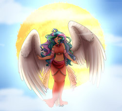 Size: 1024x931 | Tagged: safe, artist:stormcloud-yt, princess celestia, human, g4, backlighting, clothes, female, flying, humanized, midriff, short shirt, solo, sun, winged humanization, wings