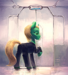 Size: 3000x3289 | Tagged: safe, artist:hunternif, oc, oc only, pony, unicorn, clothes, commission, door, female, high res, mare, science fiction, solo