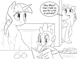 Size: 3300x2550 | Tagged: safe, artist:silfoe, spike, twilight sparkle, twilight velvet, alicorn, dragon, pony, unicorn, royal sketchbook, g4, adopted, book, cookbook, cooking, dialogue, female, grayscale, high res, male, monochrome, mother and son, spike's family, twilight sparkle (alicorn)