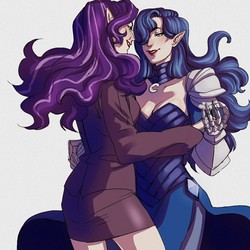 Size: 1280x1280 | Tagged: safe, artist:pulolichu, nightmare moon, nightmare rarity, human, g4, armor, blue eyes, blue hair, breasts, business suit, businessmare, cleavage, clothes, dress, duality, elf ears, eye contact, female, gauntlet, humanized, jewelry, lesbian, lipstick, looking at each other, necklace, pauldron, purple hair, self ponidox, shirt, side slit, simple background, skirt, suit, time paradox, unicorns as elves, wavy hair, white background