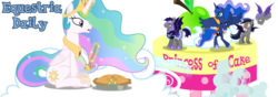 Size: 1000x350 | Tagged: safe, princess celestia, princess luna, bat pony, pony, equestria daily, g4, banner, cake, cakelestia, eating, food, pie, trolluna