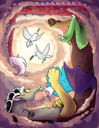 Size: 787x1012 | Tagged: safe, artist:bugiling, discord, bird, dove, draconequus, g4, cloud, cloudy, crepuscular rays, dove of peace, male, olive branch, on back, peace, peace symbol, pendant, smiling, solo