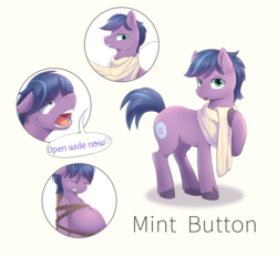 Size: 1169x1080 | Tagged: safe, artist:dddddd2, oc, oc only, oc:mint button, pony, belly, bondage, clothes, fetish, force feeding, implied vore, male, open mouth, scarf, solo
