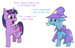 Size: 1024x654 | Tagged: safe, artist:forced-enjoyment, trixie, twilight sparkle, alicorn, pony, unicorn, g4, cape, clothes, floppy ears, hat, looking at each other, open mouth, raised hoof, simple background, trixie's cape, trixie's hat, twibitch sparkle, twilight sparkle (alicorn), white background