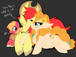 Size: 1438x1087 | Tagged: safe, artist:kaydolf, big macintosh, bright mac, pear butter, earth pony, pony, g4, the perfect pear, colt, colt big macintosh, eeyup, family, father and son, female, foal, husband and wife, implied applejack, male, mother and son, pregnant, ship:brightbutter, shipping, snuggling, straight, younger