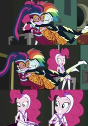 Size: 1143x1619 | Tagged: safe, screencap, fili-second, pinkie pie, rainbow dash, sci-twi, twilight sparkle, zapp, equestria girls, g4, movie magic, spoiler:eqg specials, boots, clothes, costume, female, glomp, masked matter-horn costume, power ponies, shoes
