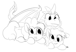 Size: 6508x4452 | Tagged: safe, artist:pabbley, derpy hooves, pinkie pie, princess ember, dragon, pony, g4, absurd resolution, cuddle puddle, cuddling, cute, diapinkes, emberbetes, monochrome, pony pile, simple background, tongue out, white background