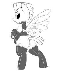 Size: 7364x9193 | Tagged: safe, artist:pabbley, thunderlane, pegasus, pony, g4, absurd resolution, bipedal, clothes, dock, featureless crotch, looking back, male, monochrome, simple background, socks, solo, spread wings, stallion, thigh highs, uniform, white background, wings, wonderbolt trainee uniform