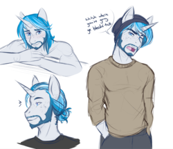 Size: 996x856 | Tagged: safe, artist:askbubblelee, oc, oc only, oc:bubble lee, oc:gent lee, oc:imago, unicorn, anthro, anthro oc, colored sketch, dialogue, facial hair, freckles, hand in pocket, hat, male, man bun, rule 63, simple background, smiling, solo, stallion, white background