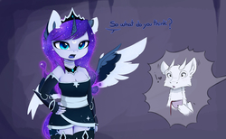 Size: 2230x1378 | Tagged: safe, artist:magnaluna, princess luna, oc, oc:zefiroth, alicorn, anthro, alternate design, alternate universe, canon x oc, clothes, colored wings, crescent moon, crown, cup, cute, dress, ear fluff, exclamation point, female, floppy ears, galaxy mane, heart, jewelry, lunabetes, mare, moon, multicolored wings, regalia, teacup